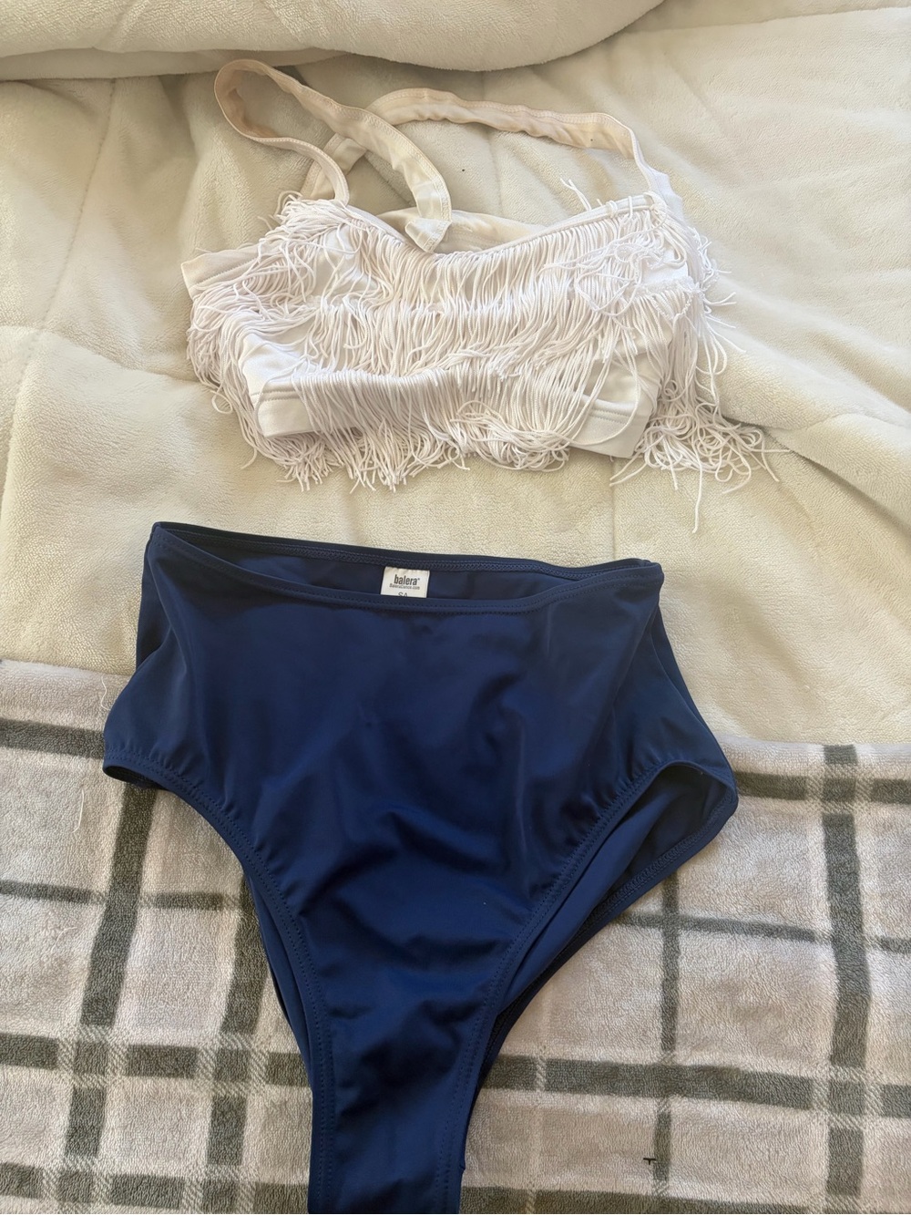 dance costume - white fringe top and dark blue briefs